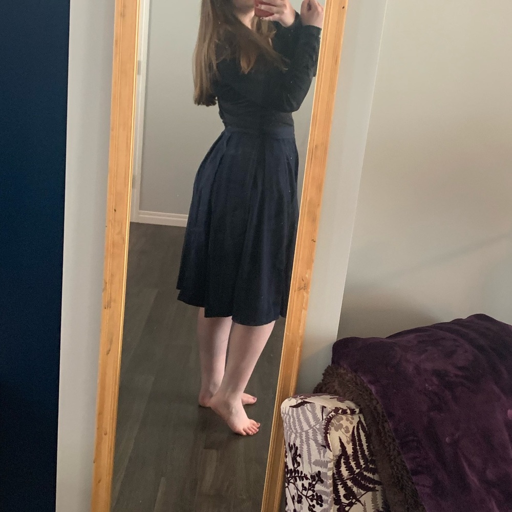 Navy Blue A-line Pleated Skirt with Pockets
